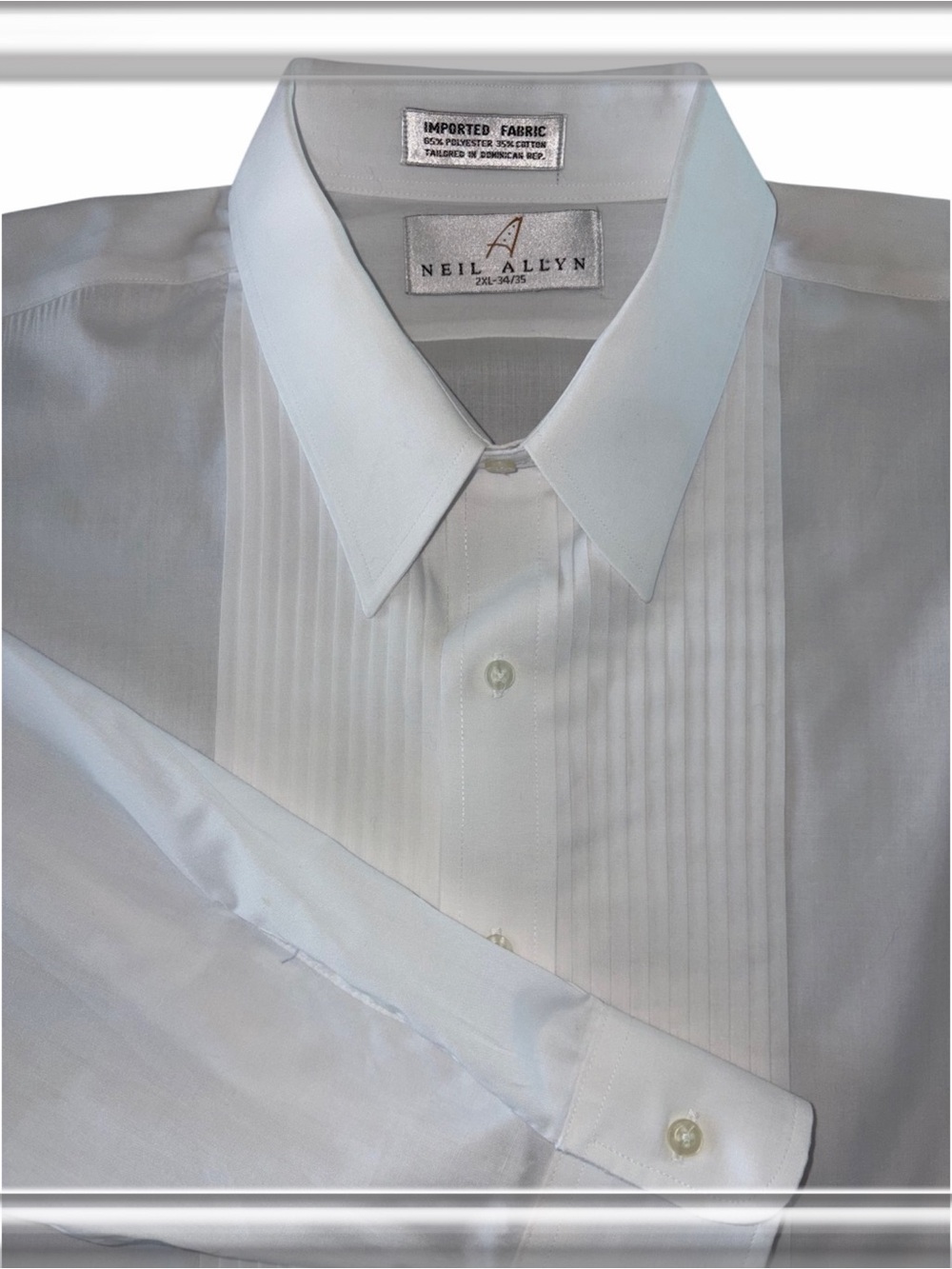 Neil Allyn Mens Size 2XL, 34-35 Tuxedo Formal Shirt White Dress Shirt 1/4” Pleat